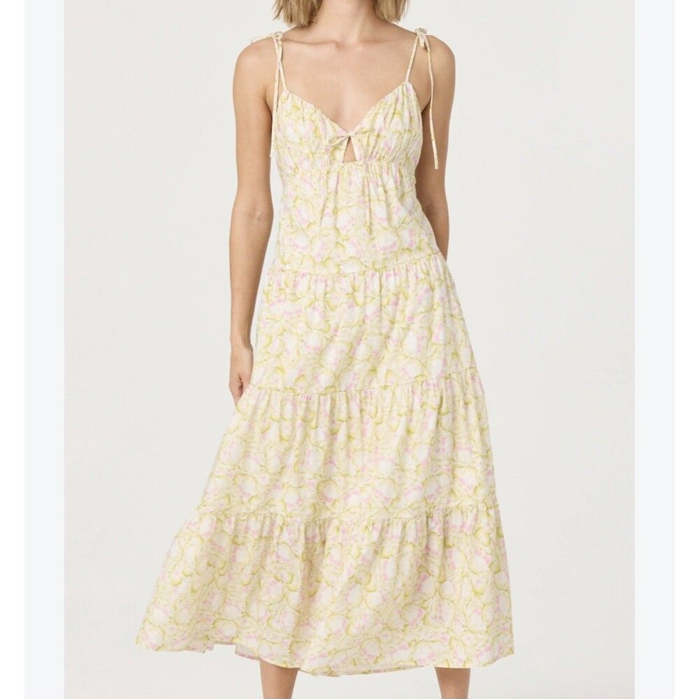 NEW ASTR Label Tie Strap Tiered Maxi Dress Cut Out Floral Yellow M Cottagecore